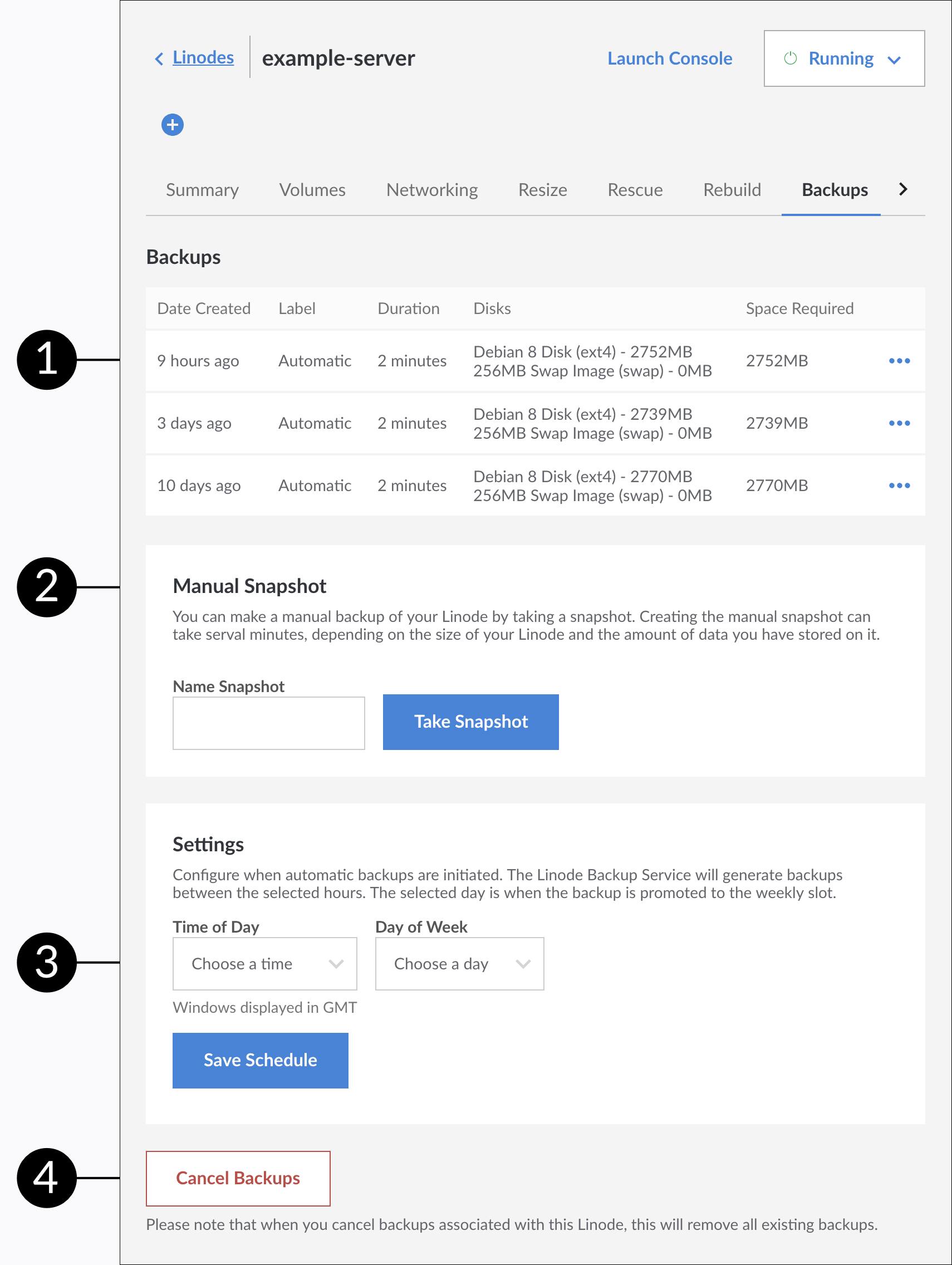The Linode Backup Service interface The Linode Backup Service interface