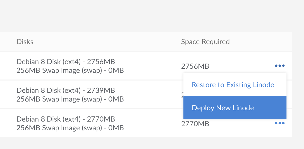 Click on the ellipsis menu icon to restore to a new Linode
