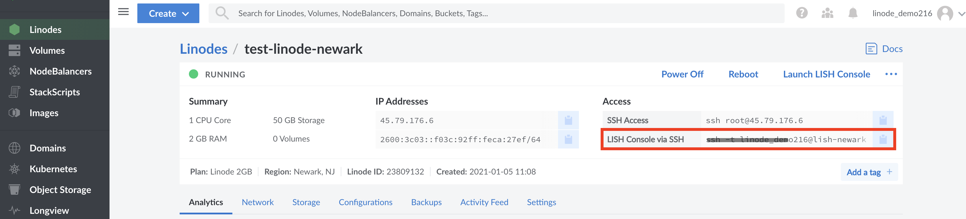 Copy the &lsquo;Lish via SSH&rsquo; text in the &lsquo;Access&rsquo; pane