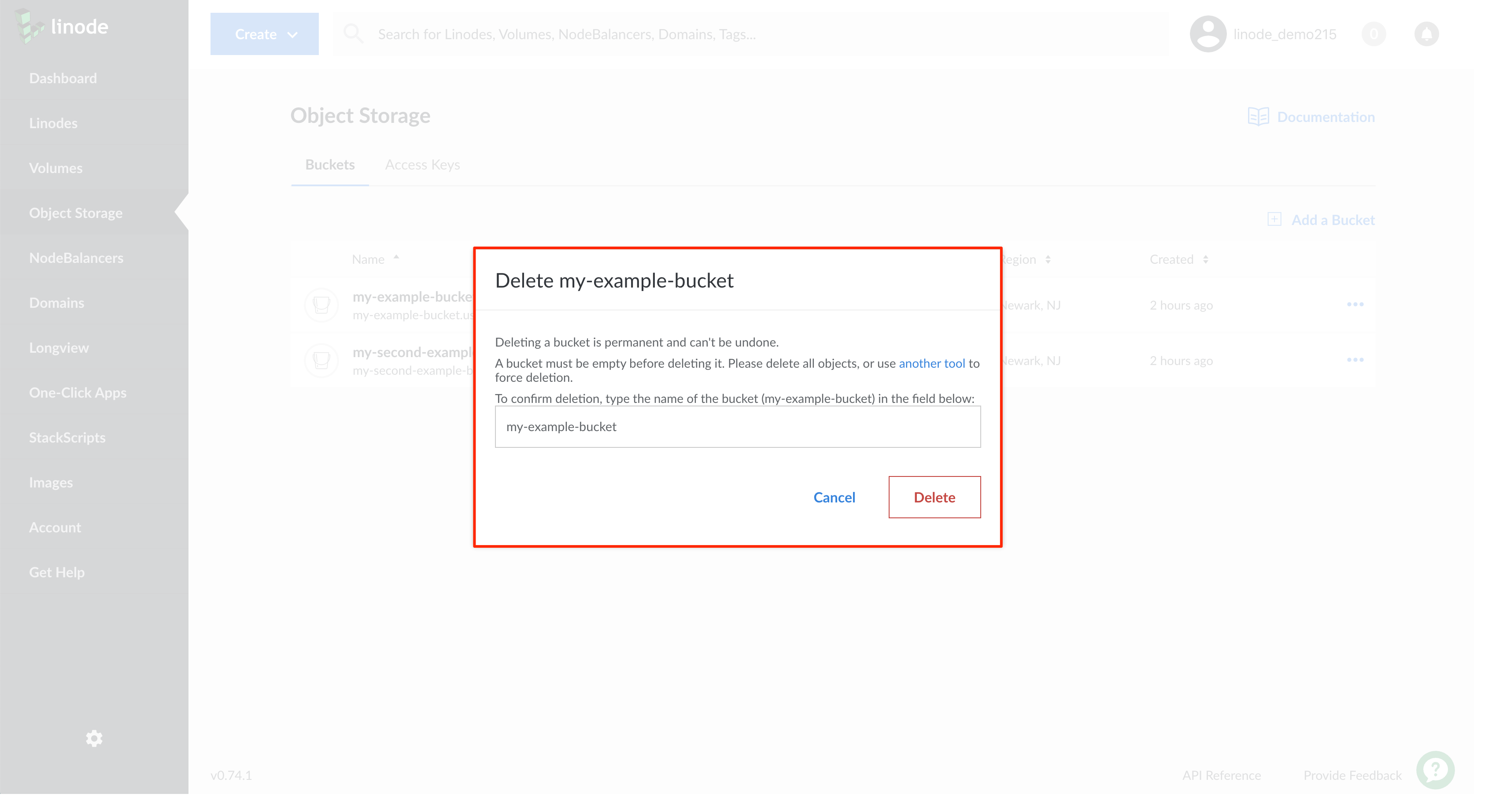 Confirm deleting the Object Storage bucket