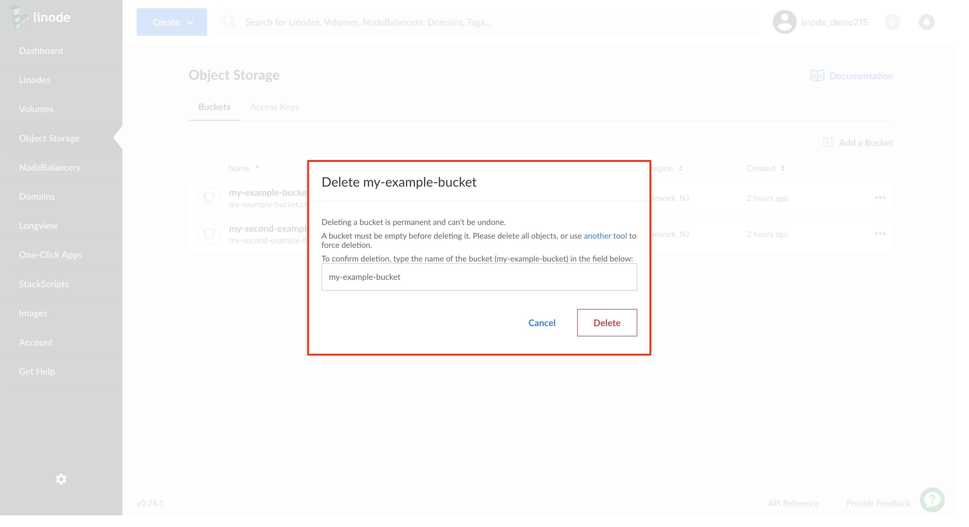 Confirm deleting the Object Storage bucket