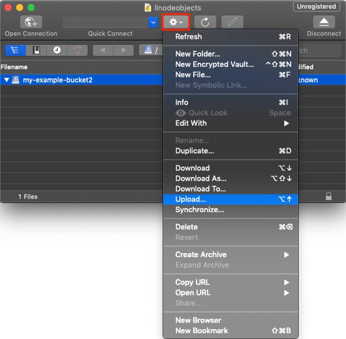 Click the &lsquo;Action&rsquo; button to use the file upload dialog.